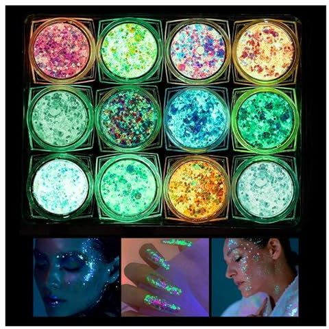Horuili® Fluorescente Paillettes Gel, 12 Colori Fluoreszierendes Glitzer, Set Glitter Iridescent, Fluorescente Paillettes per Corpo, Viso, Occhi, Capelli, Trucco, Musicali Feste, Halloween, Natale