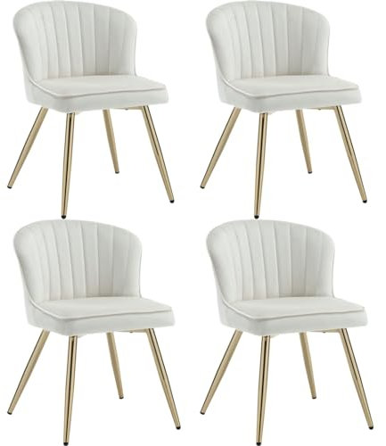 Wahson Samt Esszimmerstühle 4er Set, Moderner Esszimmerstuhl Gebogene Linie Rückenlehne, Küchenstuhl mit goldenem Fuß, Akzentstuhl für Esszimmer/Wohnzimmer,Beige