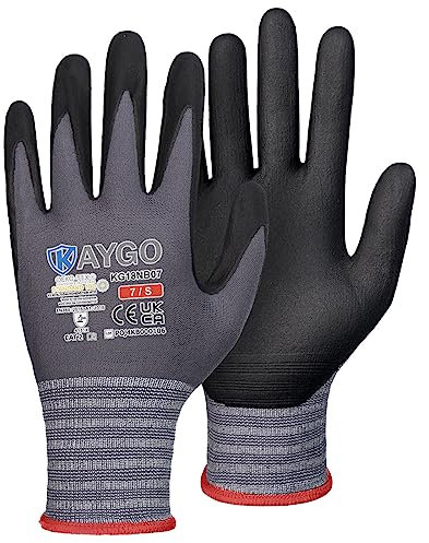 KAYGO Arbeitshandschuhe für Herren 3 Paar, Mikro Schaum Nitril beschichtet Atmungsaktiv Nylon Schutzhandschuhe, Antirutsch Grip Leicht Ölbeständig, Ideal für Auto Arbeit, KG18N (Schwarz, S, Gr 7)