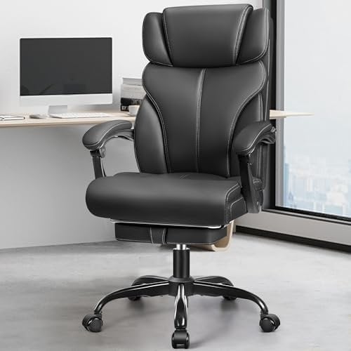 FelixKing Bürostuhl, Leder Chefsessel, ergonomischer hoher Bürostuhl, komfortabler drehbarer Bürostuhl mit Verstellbarer hoher Rückenlehne, geeignet für Heimspiele(Matte Black)