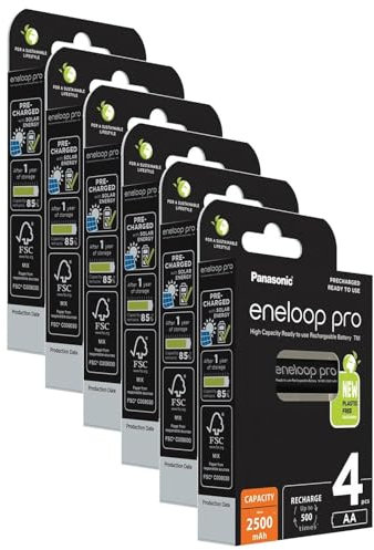 Eneloop Pro - Set di 6 batterie ricaricabili, 2500 mAh, 1,2 V, 1,2 V, 4 pezzi