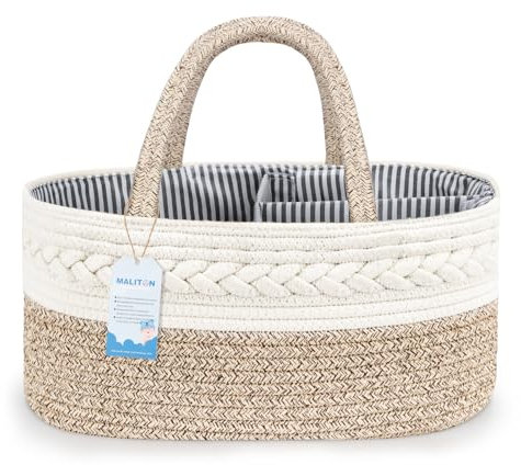 Maliton Wickeltisch Organizer, XL 45 x 33 x 23 cm Baby Organizer Korb, Aufbewahrungskorb für den Wickeltisch, Windel Caddy mit Fächern & Griffen,Geschenke für Neugeborene, Braun