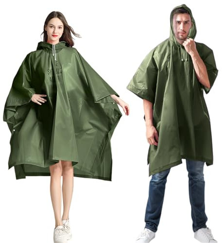 Bosdontek 2 Pièces Ponchos de Pluie avec Chapeau, Réutilisable Cape en EVA Portable, Imperméable Homme et Femme pour Festival Camping Randonnée (Vert)