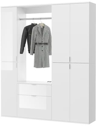Inn.Furn Garderobe weiß Hochglanz Flurmöbel Garderobenmöbel Dielenmöbel Set mit Schublade Breite 152 cm SystemX (Set2)