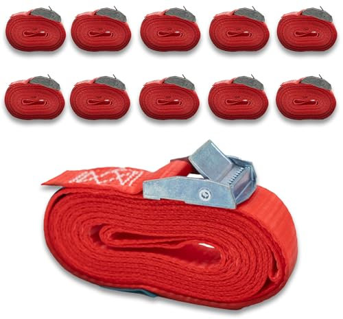 10er Set Spanngurt mit Gurtklemme,einteilig, DoZurr 250, belastbar bis 250 kg, 25 mm breit x 2,5 m lang, rot, für Dachträger und Umreifungen