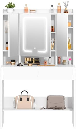 YITAHOME Schminktisch mit LED-Beleuchtung, Schminktisch mit Spiegel, 3 Farben mit Einstellbarer Helligkeit Kosmetiktisch Frisiertisch mit Spiegel verstellbaren Ablagen, 2 Schubladen modern (Weiß)