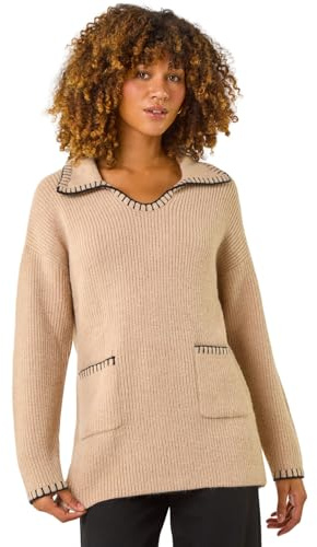 Roman Blanket Stitch Collared Jumper for Women UK - Ladies Autumn Everyday Winter Holiday V-Neckline Comfy Long Sleeve Soft Warm Feel Top Office Desk Sweaters