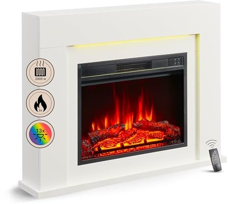 BALDERIA Elektrokamin Finn-Design | Elektrischer Standkamin, 3D-Flammeneffekt, LED-Ambientebeleuchtung, Heizung 2000W, Timer, Thermostat, Startsteuerung, Überhitzungsschutz, Fernbedienung | Weiß