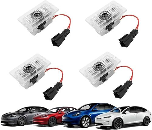 Porte de voiture LED Logo Projecteur Lumières de flaque d’eau Lumière de bienvenue 3D Laser Fantôme Ombre Lumière T LOGO avec lettres Compatible avec le modèle 3 Y S X Accessoires (4 Pièces)