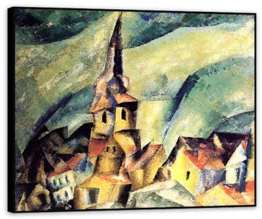 Hau3sh3a Lyonel Feininger Poster,Dorfkirche,Kunstdruck auf Leinwand BerüHmt Abstrakte Bilder Expressionismus Lyonel Feininger Bilder 70x60cm(28x24in) Schwarz gerahmt
