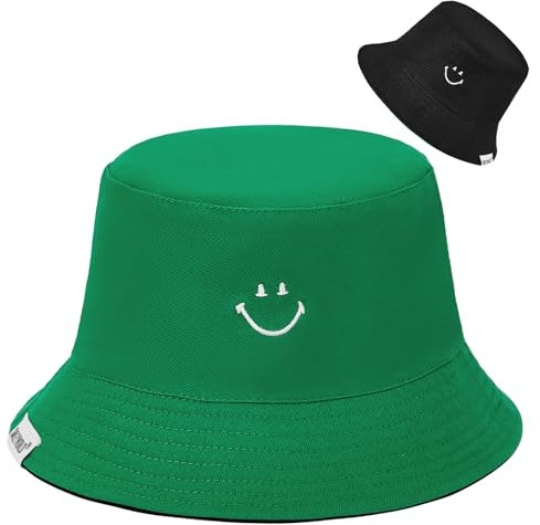 Durio Fischerhut Damen Sonnenhut Baumwolle Bucket Hat Herren Reversibel Faltbar Anglerhut Sommerhut Reisen SmileyWorld® Schwarz Grün