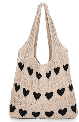 JasGood Strandtasche Damen Gestrickte Tasche Beach Tote Bag Sommer Boho Strick Shopper Tasche mit Cute Herzmuster Umhängetasche Schultertasche für Frauen,Khaki mit Schwarzes Herz