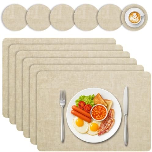 Niviy Placemats and Coasters Set of 6 - Christmas Table Mats PU Leather Heat-Resistant Waterproof Placemats for Indoor/Outdoor Use, 43x30cm Washable Dining Mats for Home & Restaurant (Beige)