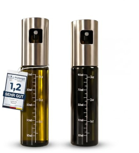 Leisure Life® | NEUEINFÜHRUNG | 2er Set Ölsprüher | 1 mm Edelstahlmantel | UV-Schutzglas | BPA-frei | 100 ml Ölzerstäuber für Olivenöl & gesundes Kochen (Jade Green & Obsidian Black – UV)
