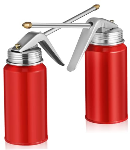 Hochdruck Ölkanne mit Handpumpe und Langtülle 200ml aus Metall 2 Stück | Präzise Ausgießkontrolle, für Werkstatt und Industrielle Wartung, Rot, Manuell