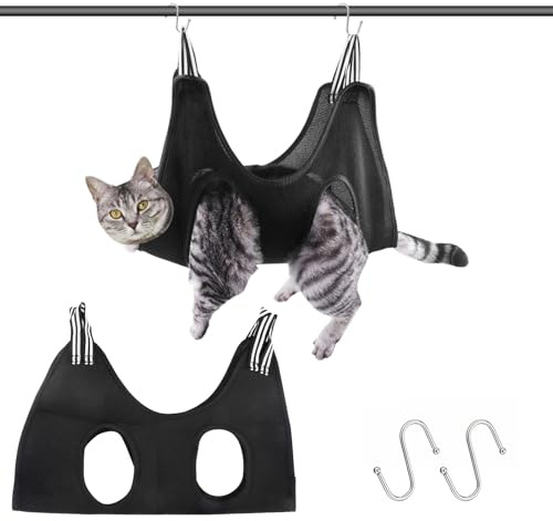 Pet Grooming Hammock Dog Cat Grooming Harness for Small Medium Dogs Cats | Nail Cutting Trimming Bathing Claw Care Ears Care Washing Breathable Mesh Sling Helper with Reinforced Hooks (Black)