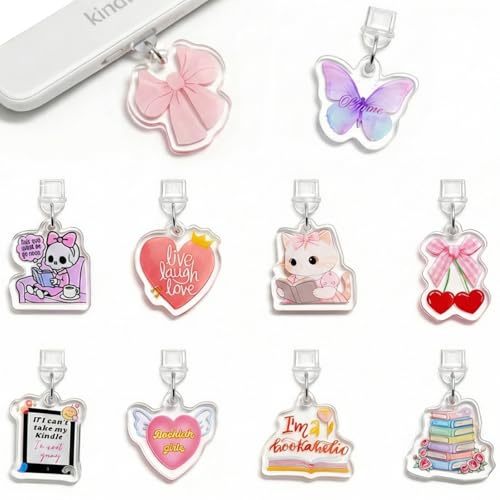 YOJO Lot de 10 breloques anti-poussière pour liseuse - Jolies prises USB-C de type C - Port de charge en acrylique de 4 mm d'épaisseur - Cadeau pour les amateurs de livres, les lecteurs, les étudiants
