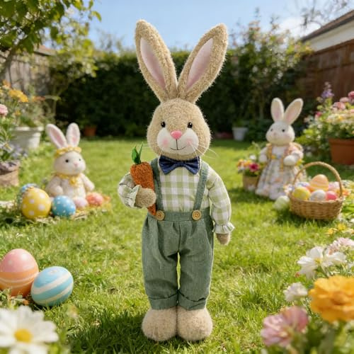Osterhasen Figuren Groß, Osterdeko Osterhase mit Teleskopbeinen, Frühlingsdeko Hase Statue, Ostern Deko Hase, Plüsch Osterhasen Puppen, Kaninchen Kuscheltier für Gartendeko Tischdeko Modern (A)