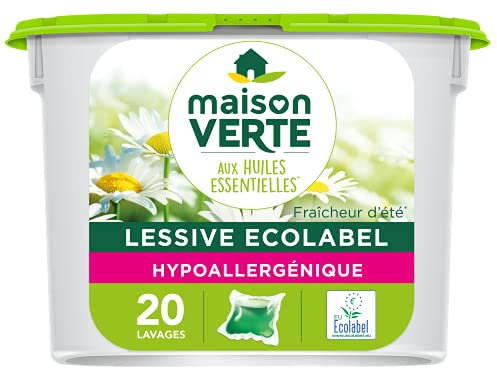 MAISON VERTE - Lessive Caspules aux Huiles Essentielles BIO | Fraîcheur d'Été | Hypoallergénique | Efficace dès 30° sur Blanc et Couleurs | Capsules Ultra Concentrées | 20 Lavages