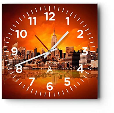 Modern Wanduhr Amerika Architektur straße Tourismus 40x40cm Quadrat Groß Wand Uhr Glas Analog Zimmeruhren Küche Büro Wohnzimmer Glasuhr Wall Clock Dekoration Design Küchenuhr C4AC40x40-2118