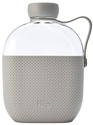 Hip Water Bottle - 650ml / 20oz Capacity - Slim Reusable Bottles with Silicone Grip Sleeve and Carry Loop - Leak Proof Screw-Top Cap - Dishwasher Safe - Stone