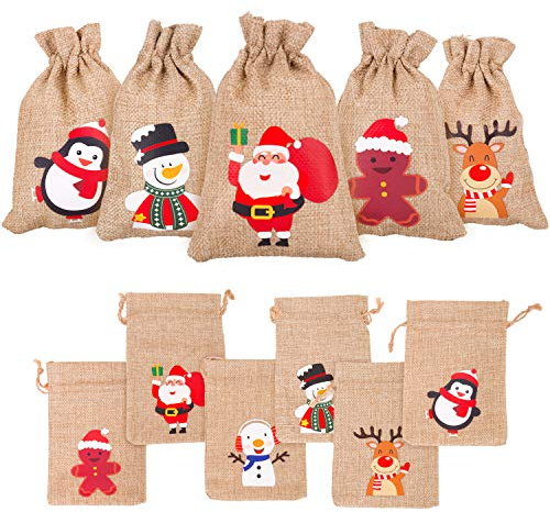 DERAYEE 12 Pieces Line Jute Drawstring Gift Bag Christmas Party Burlap Bag Candy Pouch Snack Sack for kids Xmas Party Favors