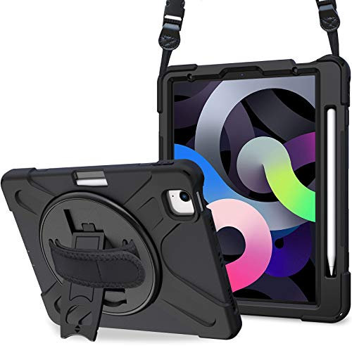ProCase Funda Resistente para iPad Air 5ª2022/iPad Air 4ª 10.9/iPad Pro 11 2020 2018 Conexión Carga Inalámbrica Pencil Bumper Rugoso 360° Rotativo Asa Mano Antichoques -Negro
