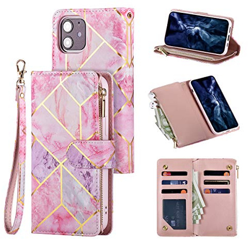 UEEBAI Wallet Case for iPhone 12 mini 5.4 inch, Premium PU Leather Magnetic Closure Geometric Marble Pattern Handbag Zipper Pocket Case Kickstand Card Holder Slots Shockproof Flip Cover -Pink & Purple