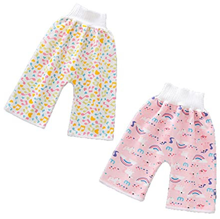 ACMEDE 2 Stück Baby Trainingshose Sleepy Windelhose Polster Cotton Potty Underwear Windelunterwäsche Baby Windelrockshorts Trainingswindelhose Lernhose Kinder Shorts Töpfchen (Rosa + gelb, 1_Year)