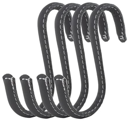 Brute Strength - S-Haken mit Vollnarbenleder umwickelt - 4 Stück - Grau - 10 cm Edelstahl-Metallbügel Aufhängehaken für Küche, Werkstatt, Bad