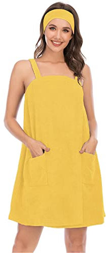 Jamron Damen Verstellbarer Handtuch Wickel Bademantel mit Stirnband für Sport, Dusche, Spa & Strand Cover Ups Gelb XL