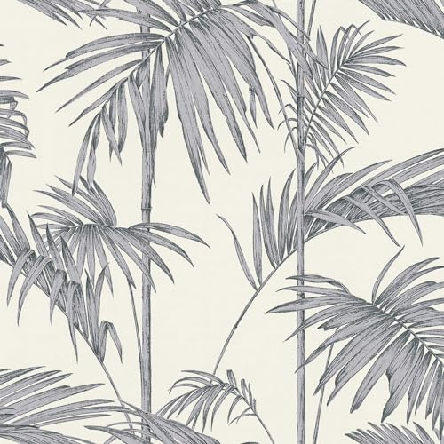 Profhome Palm Trees Wallpaper 369192-GU Non-Woven Wallpaper Grey White Silver 0.53 m x 10.05 m / 5.33 sqm