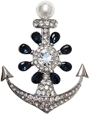 Brosche Schmuck Anker Strass Kristall Weiß und Blau, Strassstein