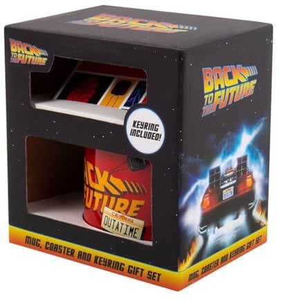 Back to the Future Tasse, Untersetzer und Schlüsselanhänger, Geschenkset 430 ml Fassungsvermögen, Keramik- und Korkuntersetzer und Schlüsselanhänger mit Metall-Logo