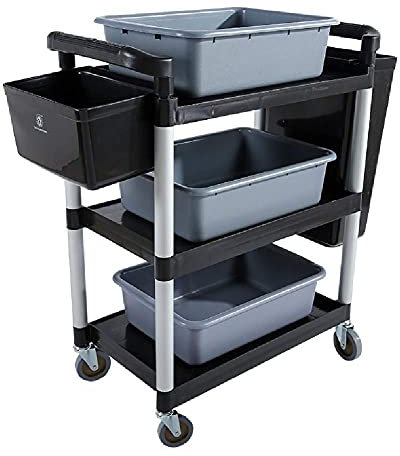 MERTNK Bewegliche Sackkarre Haushalt Servierwagen Kunststoff 3-Regal Trolley Für Hotel Restaurant Schule, Mit Rädern 5 Stollen Kapazität, Hält Bis Zu 150 Kg/Black/62X44X89Cm
