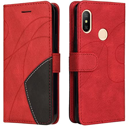 Fatcatparadise Kompatibel mit Xiaomi Redmi 6 Pro/Mi A2 Lite Hülle, Leder PU Brieftasche Handyhülle Flip Case Silikon Bumper Schutzhülle. Lederhülle mit Kartenfächern/Standfunktion (Rot)