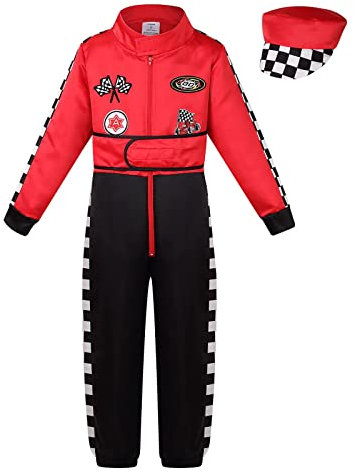 maxToonrain Deluxe Racing Driver Costume with Hat Kids F1 Driver Outfit for Halloween Role Play Christmas World Book Day (Red,7-8 Year)