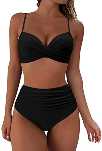 RXRXCOCO Damen Wickel Push Up Bikini Oberteil Bauchweg High Waist Bikini Set Bademode Schwarz Size L