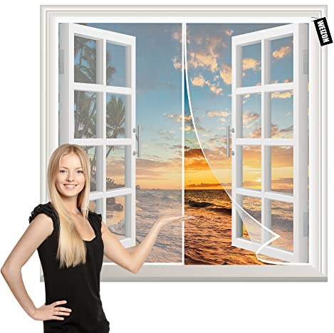 Porte moustiquaire magnétique,Rideaux Toile Insect Ecran Blanc 115x110cm Anti Insecte Mouche Moustique Fermeture Automatique Rideau Anti Mouche sans Percer pour balcon patio Pliable