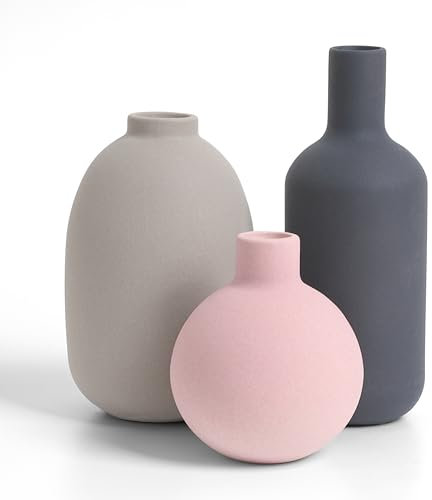 Winter Shore Vasen Deko Keramik [3er-Pack] - Neutrale Vase Deko für Wohnzimmer, Esstisch, Küche, Kaminsims - Modernes, Minimalistisches Deko Vasen Set - Gerade, Ovale, Runde Matte Vasen Aesthetic