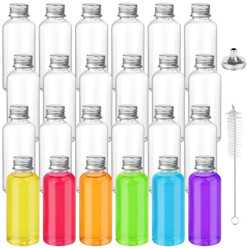 24 mini botellas de jugo de plástico con tapas de 60 ml, pequeñas botellas de jengibre con mini embudos y cepillo, botellas vacías rellenables, botellas de alcohol en miniatura transparentes