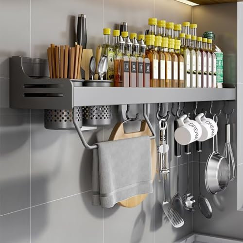 Gewürzregal, Gewürzregal Hängend, GewürzregaleKüchenregal wand ohne Bohren, Gewürz Organizer mit Messerschlitz, Haken, Becher, Küchenregal Wand für Gewürze, grau, 70cm