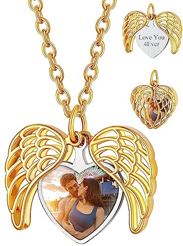 Custom4U Collier Pendentif Aile d'ange Femme Photo Gravé Plaqué Or avec Chaîne Ajustable 50+5cm