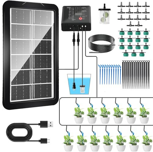 Aytop Sistema de riego por goteo de jardín, sistema de riego automático con energía solar con IP65 resistente al agua y 12 modos de tiempo para plantas en el balcón, en el bancal de plantas y en el