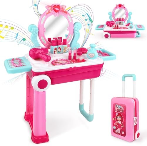 Toys for 3 Year Old Girls, Role Play Kids Dressing Table, Pretend Makeup Toy Set Beauty Princess Dressing Table and Suitcase 2 in 1 Gift for Kids Girls Boys Children