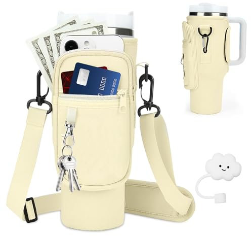 Bocguy Porte-Bouteille d'eau avec Embouts de Paille en Silicone, Bandoulière Réglable et Pince à Mousqueton pour 40oz Stanley bouilloires pour vélo et randonnée Drapeau (Abricot)