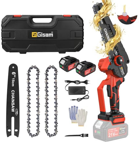 Gisam Mini Motosega a Batteria da 6 Pollici con 2 x 3Ah Batterie, Oliatore Automatico, Motosega Elettrica per Giardinaggio e Taglio di Legna da Ardere (2-Con 2 Batteria)