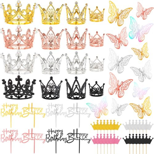 MJOGGOTT 76 Pcs Flower Bouquet Accessories, 20 Pcs Crowns for Flower Bouquets with 24 Pcs Butterflies for Bouquets and 32 Pcs Birthday Cake Topper for Birthday Party Wedding Baby Shower(4 Colors)