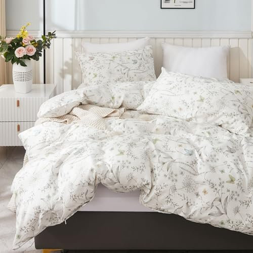 Freyamy Blumen Bettwäsche 135x200cm 2teilig Baumwolle Weiß Bunt Floral Schmetterling Wende Bettwäsche Blumenmuster Mädchen Bettbezug mit Reißverschluss und Kissenbezug 80x80cm
