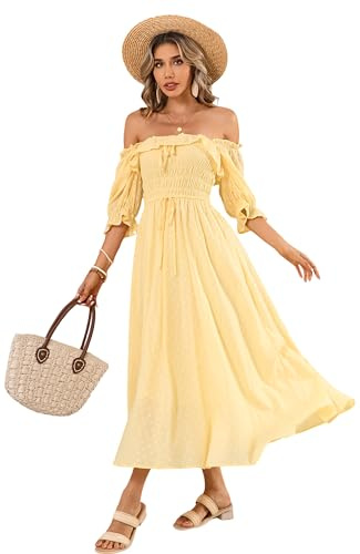 R.Vivimos Donne Abito Casual Bohémien Mezza Manica Scollo Quadrato Vestito Lungo Midi Elegante da Spiaggia
